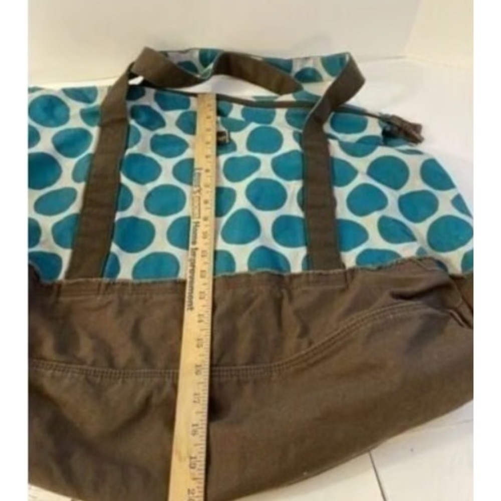 Thirty-One Canvas Tote Bag Womens Large Teal Polka Dot Brown Trim Zip Top - Picture 5 of 10